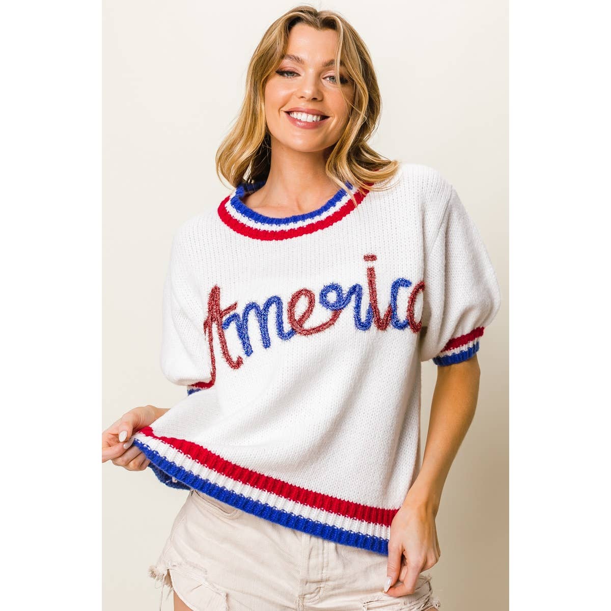 METALLIC AMERICA LETTER SHORT PUFF SLEEVE SWEATER