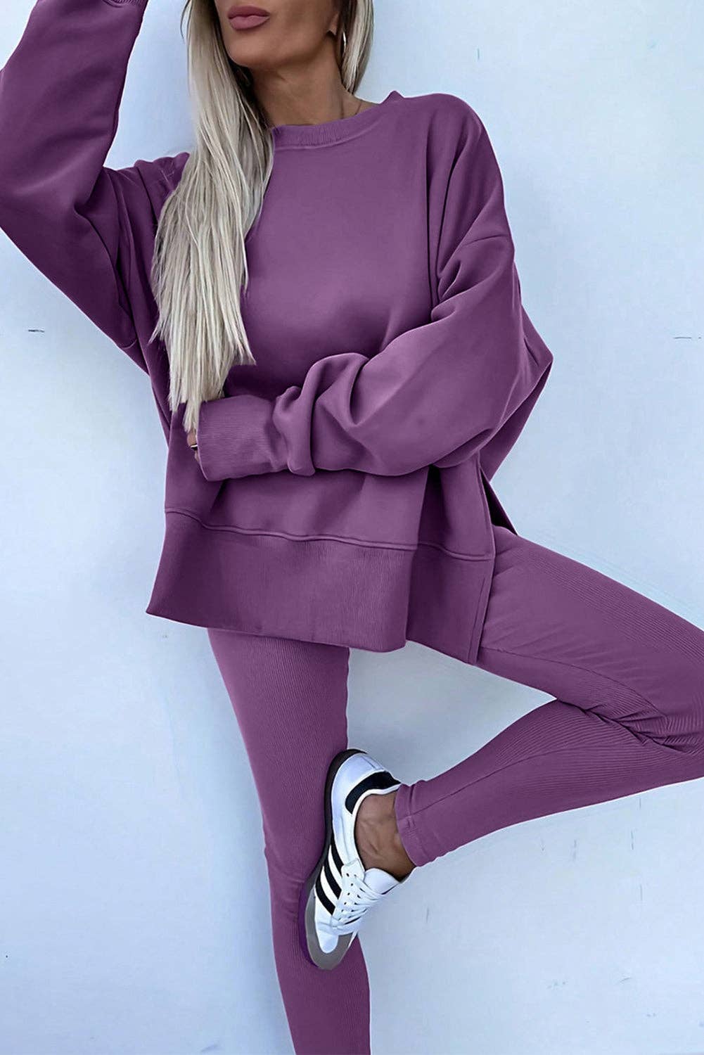 Solid Oversize Slit Sweatshirt with Ribbed Leggings Set