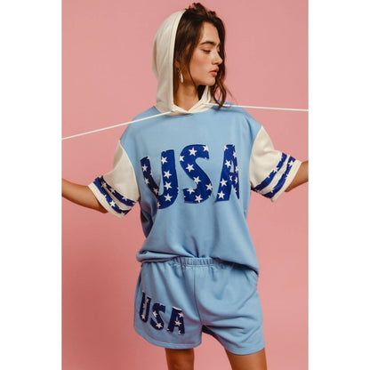 USA STAR PRINT MIX AND MATCH SHORT SLEEVES HOODIE TOP