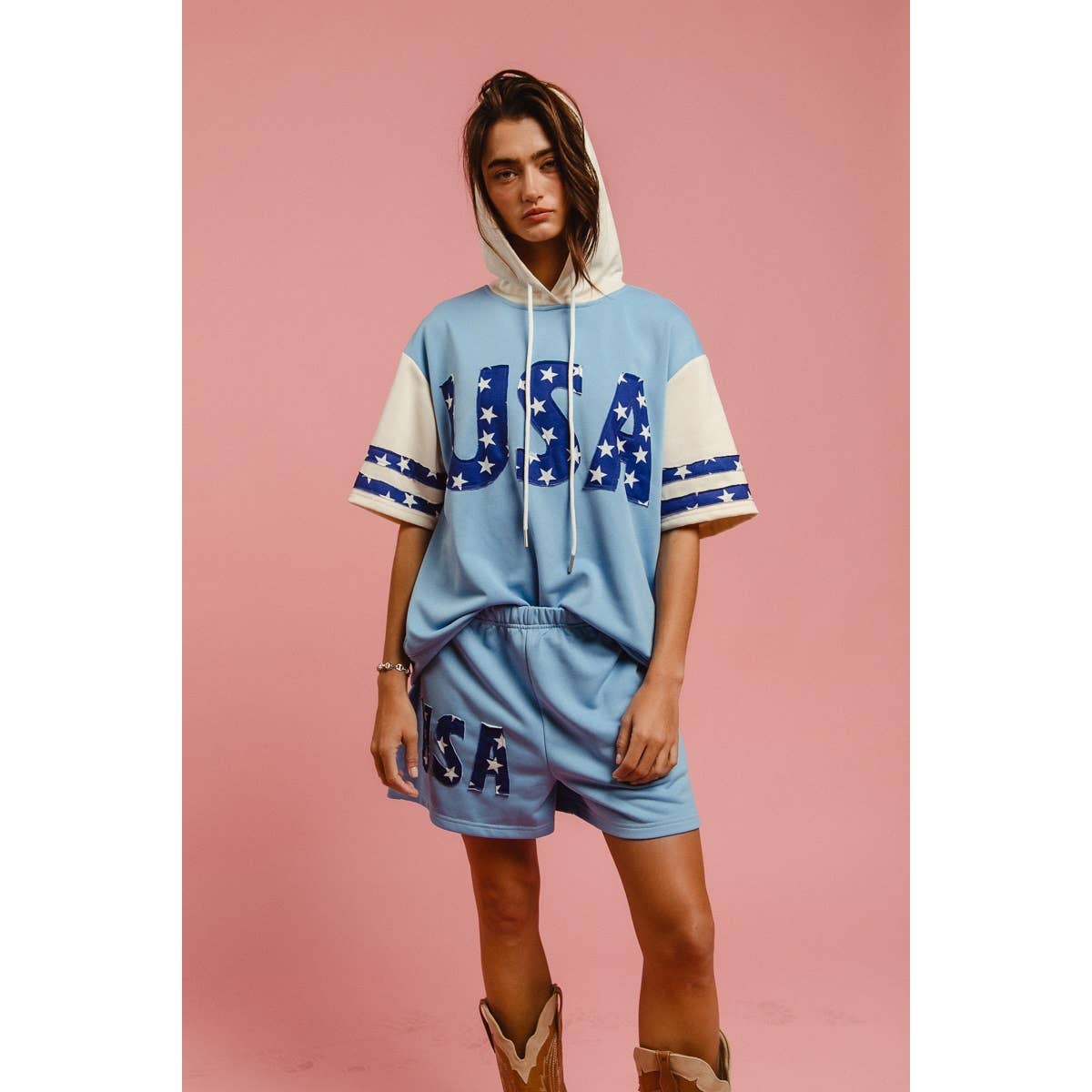 USA STAR PRINT MIX AND MATCH SHORT SLEEVES HOODIE TOP