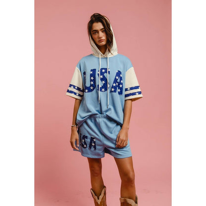 USA STAR PRINT MIX AND MATCH SHORT SLEEVES HOODIE TOP