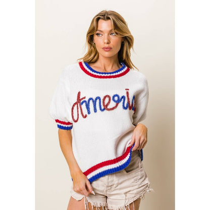 METALLIC AMERICA LETTER SHORT PUFF SLEEVE SWEATER