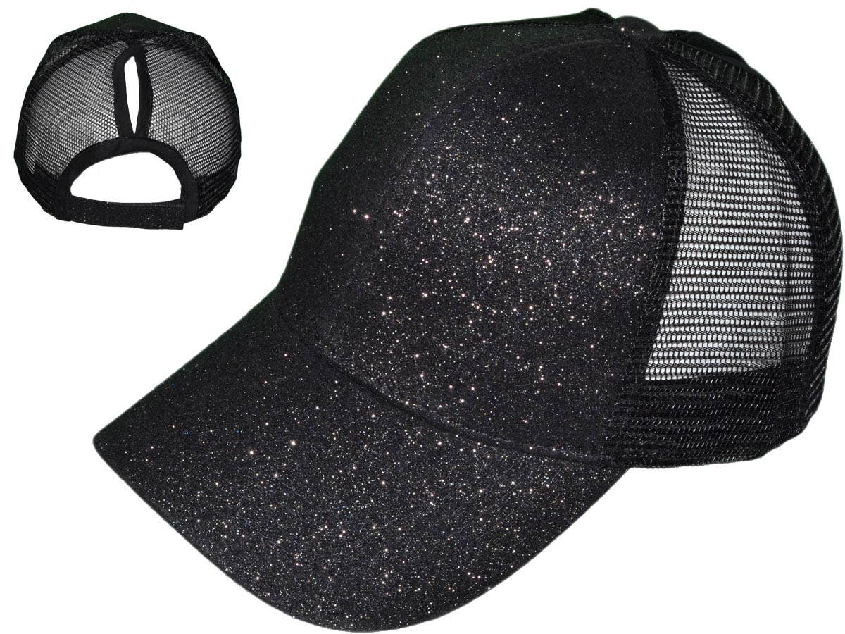 Glitter Ponytail Trucker Hats - Low Profile Structured Mesh