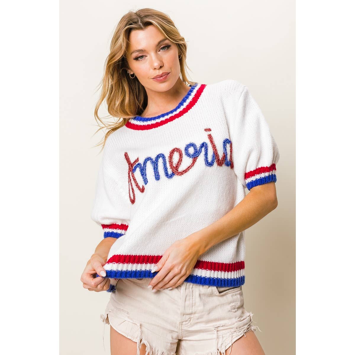 METALLIC AMERICA LETTER SHORT PUFF SLEEVE SWEATER